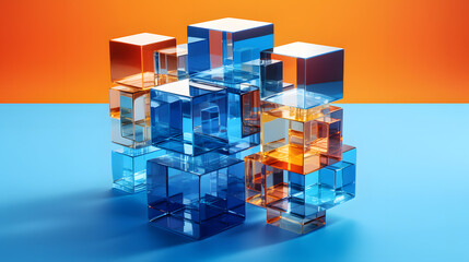 Digital technology gradient blue and orange glass geometric poster horizontal page PPT background