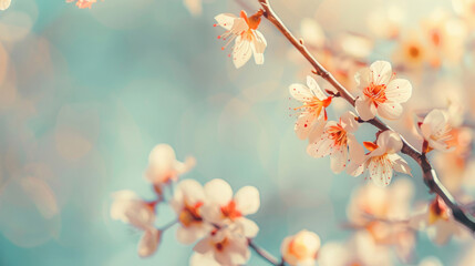 Soft focus on delicate apricot blossoms against a light blue sky