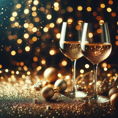 暗い背景にシャンパンのグラス、ライトのボケ味、輝き、火花。テキスト用のスペースを持つクリスマスのお祝いのコンセプト - obrazy, fototapety, plakaty