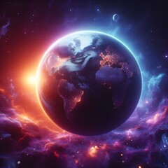 Image of the world with an image of space in the background. In the form of a fluorescent color, light purple.
