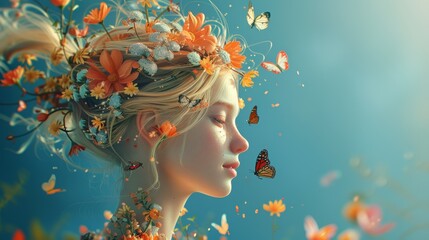 3d cartoon girl head with blonde hair and colorful flowers, butterflies flying out of her mouth, side view, on blue background
