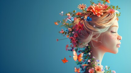 3d cartoon girl head with blonde hair and colorful flowers, butterflies flying out of her mouth, side view, on blue background - obrazy, fototapety, plakaty
