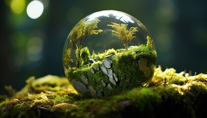 Obraz na płótnie Canvas Green Earth globe covered with leaves and plants, Natural green leaf with world globe