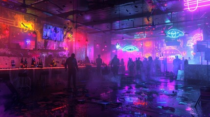 In a crowded club the walls are covered in peeling paint and broken mirrors but the dance floor is alive with neon lights of all colors. The music is loud and the air is hazy - obrazy, fototapety, plakaty