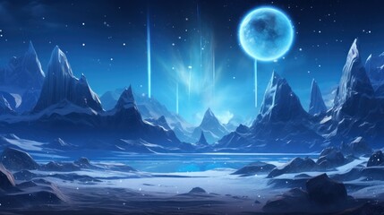 
Illustrate an icy and alien planet with towering ice spires, frozen lakes, and an alien sky filled with unfamiliar constellations game art