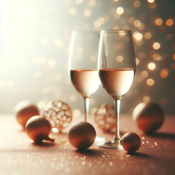暗い背景にシャンパンのグラス、ライトのボケ味、輝き、火花。テキスト用のスペースを持つクリスマスのお祝いのコンセプト