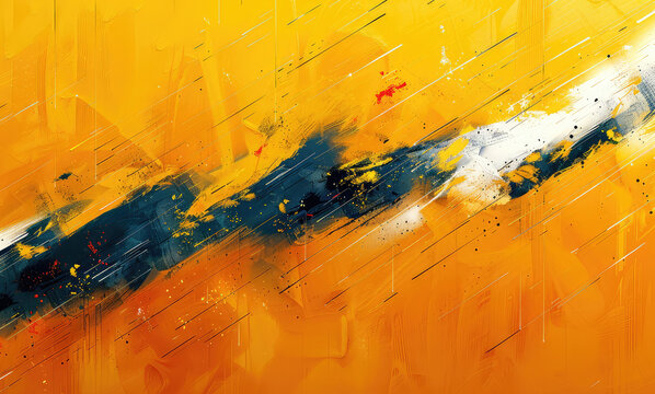 Abstract painting of yellow and blue brush strokes on an orange background in the style of baseball bat. Created with Ai