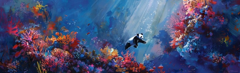 Watercolor painting of a panda, abstract underwater background. The giant panda's distinctive feature
 is the black fur around its eyes, ears, shoulders, and four legs. The rest consists of white fur. - obrazy, fototapety, plakaty
