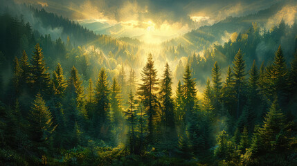 A dense forest of pine trees in the mountains, bathed by sunlight. Created with Ai - obrazy, fototapety, plakaty