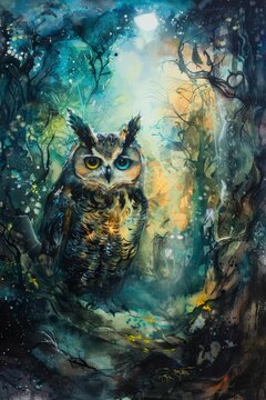 Watercolor painting of an owl sits on a branch in a dense forest. An owl is a bird with a cat-like face
 that catches small animals to eat. Use for phone wallpapers, posters or cards.
