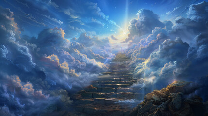 Heavenly ascent via stairway - obrazy, fototapety, plakaty