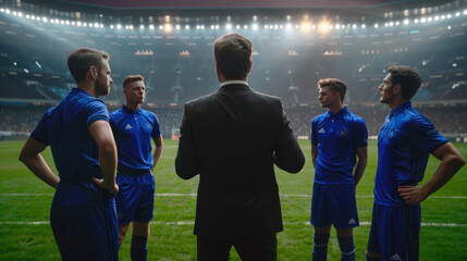 A soccer coach in a black suit, talking to his players wearing blue uniforms with white numbers on the chest and back standing at an empty stadium