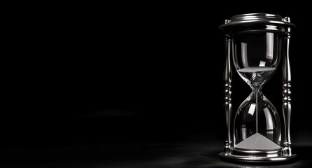 Hourglass on a black background, shown in closeup view with copy space.
