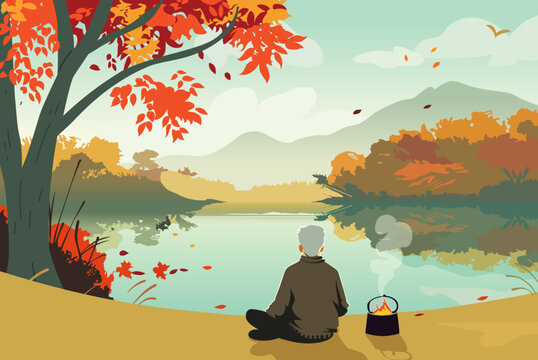 forest landscape camping dog trees lake sunset fall nature inspired vector illustration