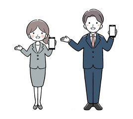 スマホを持って案内をするスーツの女性と男性