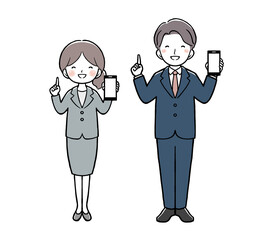 スマホを持って指差しをするスーツの女性と男性