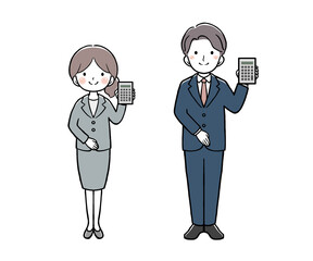電卓を持つスーツの女性と男性
