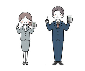 電卓を持って指差しをするスーツの女性と男性