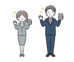 電卓を持ってOKサインをするスーツの女性と男性