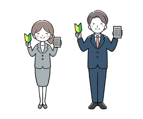 電卓と初心者マークを持つスーツの女性と男性