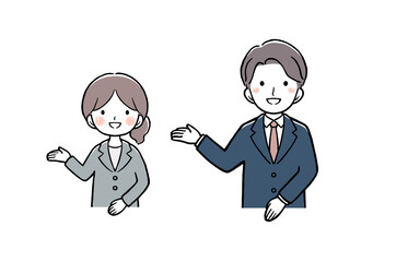 案内をするスーツの女性と男性　上半身
