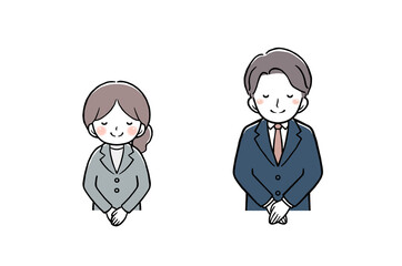 お辞儀をするスーツの女性と男性　上半身