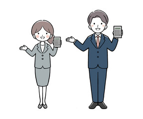 電卓を持って案内をするスーツの女性と男性