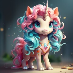 Magical unicorn with a luxurious pink mane. Against the backdrop of a forest landscape.