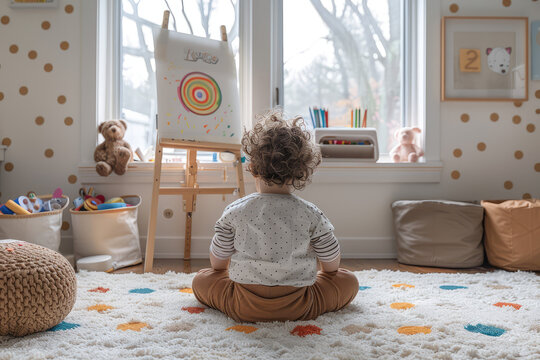 A child sitting on the floor in front of an easel, drawing with crayons. The room is decorated in neutral tones and has polka dot wallpaper. There is a plush rug under their feet. Created with Ai