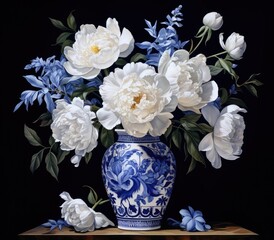Blue and white peonies in an antique ceramic vase on a black background