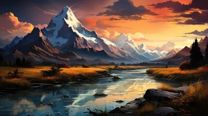 Majestic mountain range with river flowing through - obrazy, fototapety, plakaty