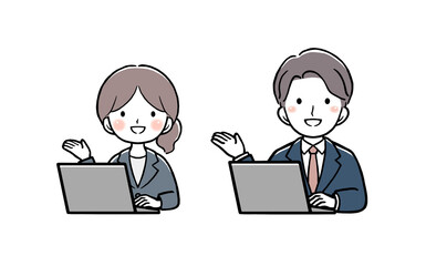 案内をしてパソコンを使うビジネスウーマンとビジネスマン