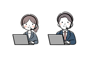 ヘッドセットをつけてパソコンを使う男女のオペレーター