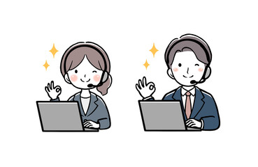 OKサインをしてパソコンを使う男女のオペレーター