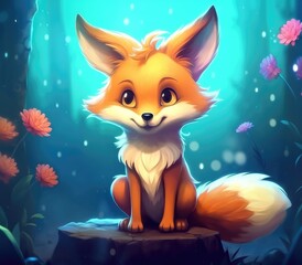 Cute Little Fox Sitting in Grass