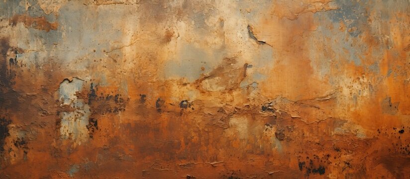 A closeup of a weathered rusty metal surface resembling a painting of natural landscape. The brown tones harmonize with the sky and wood flooring