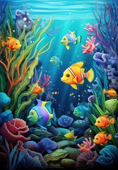 Naklejka na ściany i meble Underwater Scene With Fish and Corals