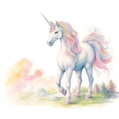 Obraz na płótnie Canvas Unicorn With Color Mane Standing by White Background