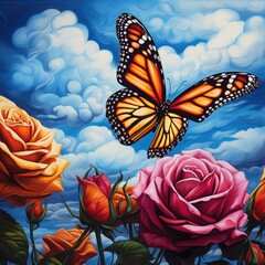 Beautiful butterfly and roses against a background of blue sky with clouds.
