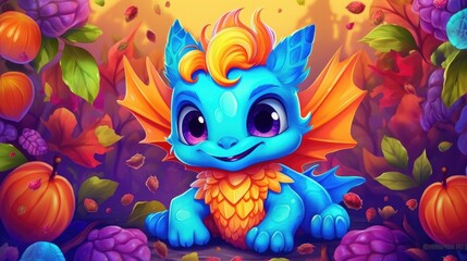 Cartoon cute friendly dragon against the backdrop of a beautiful bright landscape.