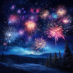 Fototapeta na wymiar Bursting fireworks illuminate night sky