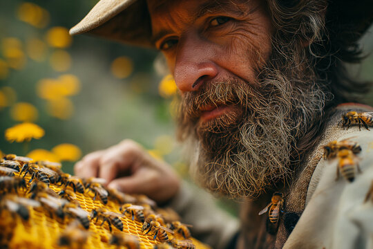 A diligent beekeeper in traditional attire inspects honeycombs teeming with bees, ensuring the health of the hive amidst a natural floral setting.