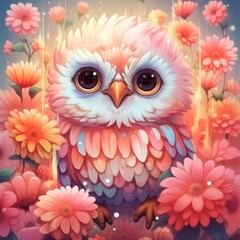 Fototapeta premium Cute baby owl in bright sunny colors in a flower meadow.