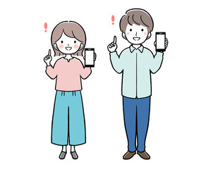スマホを持って指差しをする私服の女性と男性
