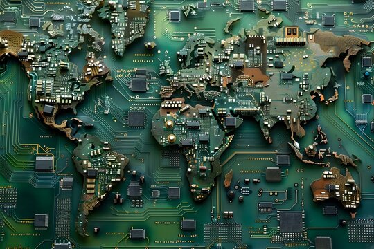 Global map made of electronic circuit board components symbolizing world trade and global electronics market. Concept Technology in Global Trade, Circuit Board World Map, Global Electronics Market