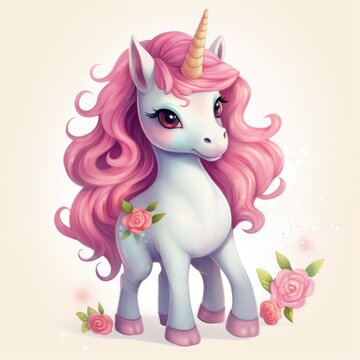 Unicorn With Color Mane Standing by White Background © Boomanoid