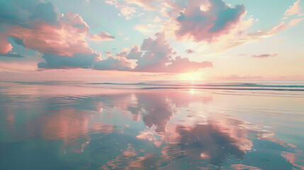A serene digital painting showcasing a dreamy sunset with pastel-hued skies reflecting in the ocean - obrazy, fototapety, plakaty