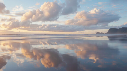 A digital painting capturing the tranquil moments of sunrise as clouds reflect on the peaceful beach