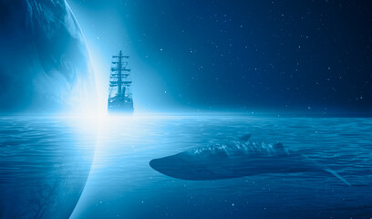 Sailing old ship over the Planet Earth   with bright sunlight and a huge blue whale 