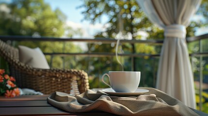 an image of a household balcony or patio where family members unwind with a cup of tea or coffee, enjoying quiet moments of reflection and gratitude.